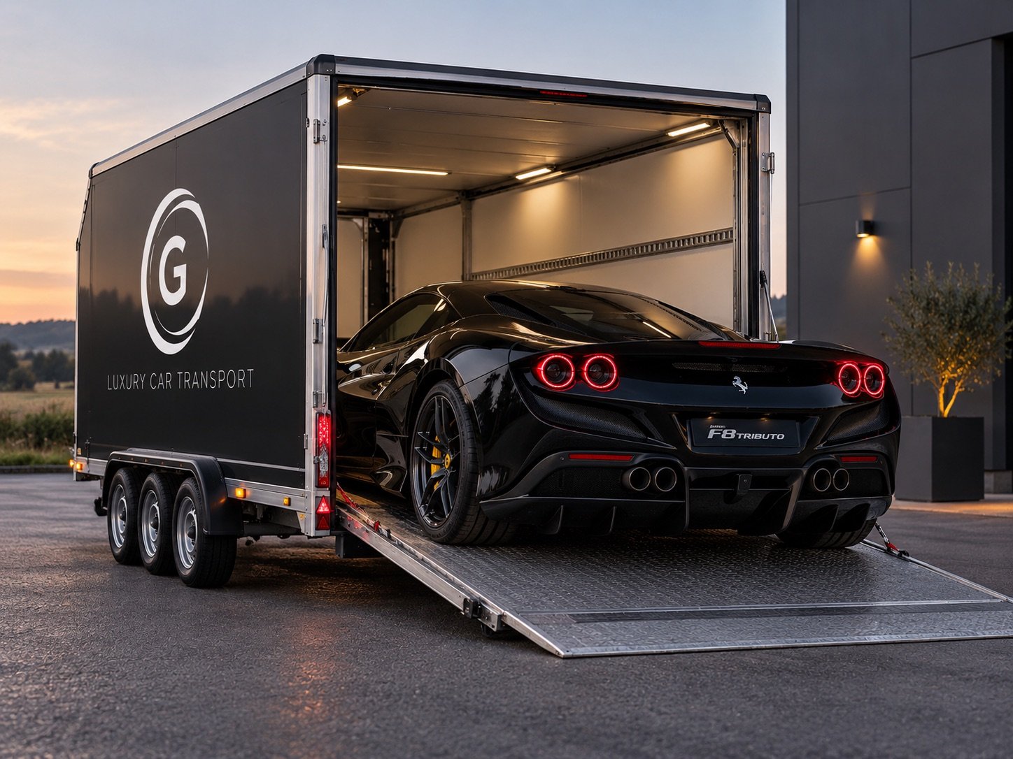 Schwarzer Ferrari F8 Tributo rollt über die Rampe aus dem beleuchteten GNP Transportanhänger